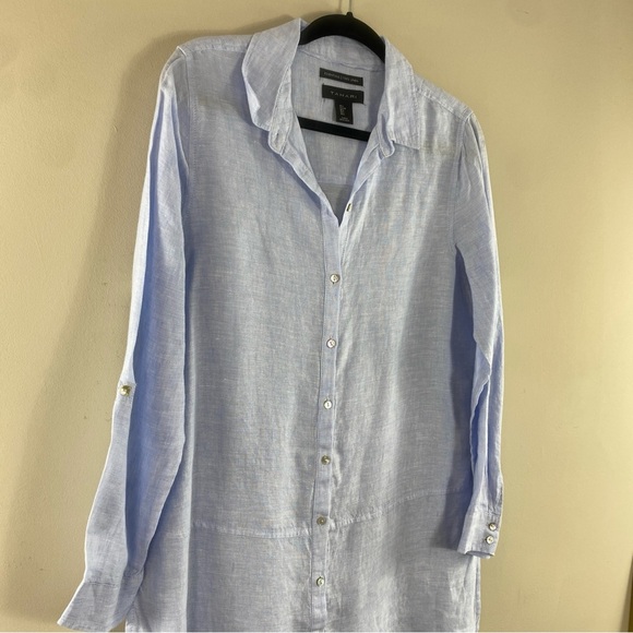 Tahari Women’s Sky Blue Gray‎ 100% Linen Button Front Top Blouse Tunic Sz L - Picture 3 of 13